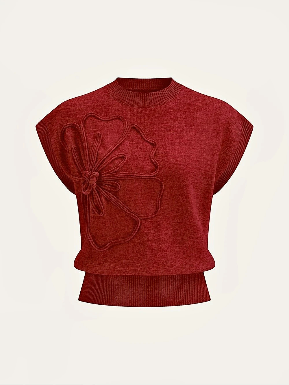 Commense Flower Applique Cap Sleeve Knit Top